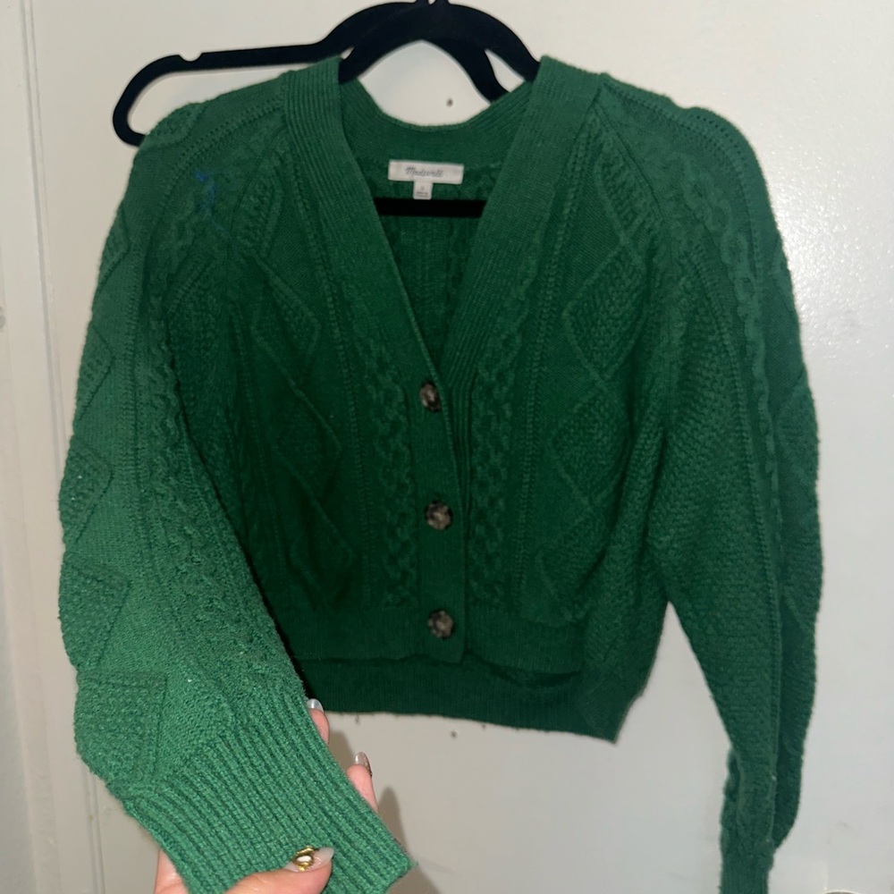 Madewell Green Cardigan Sweater with Ribbed Detailing